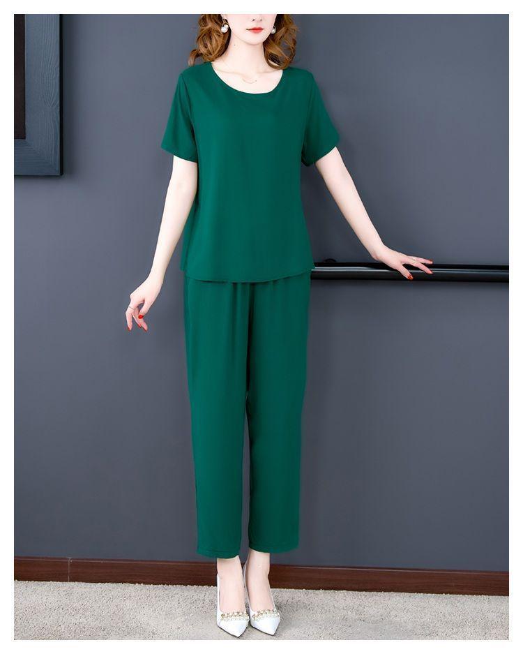 Summer Cotton Silk Women's Loose Two-Piece Set: Solid Color Short Sleeve Top and Long Pants, Plus Size Casual Wear.