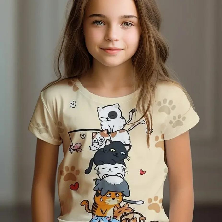 Kids Clothes Children's T-Shirt Girl Short Sleeve Top Cartoon Cat Girls Summer Clothes Child T-Shirt  Children's Clothing