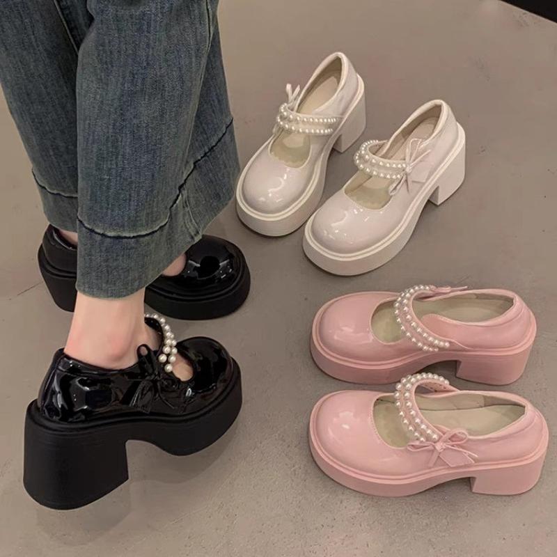 Fashion Beaded Bow Mary Jane Single Shoes Women's Fashion Round Toe Shallow Mouth Slip Strap Platform Non-Slip Low Top Shoes