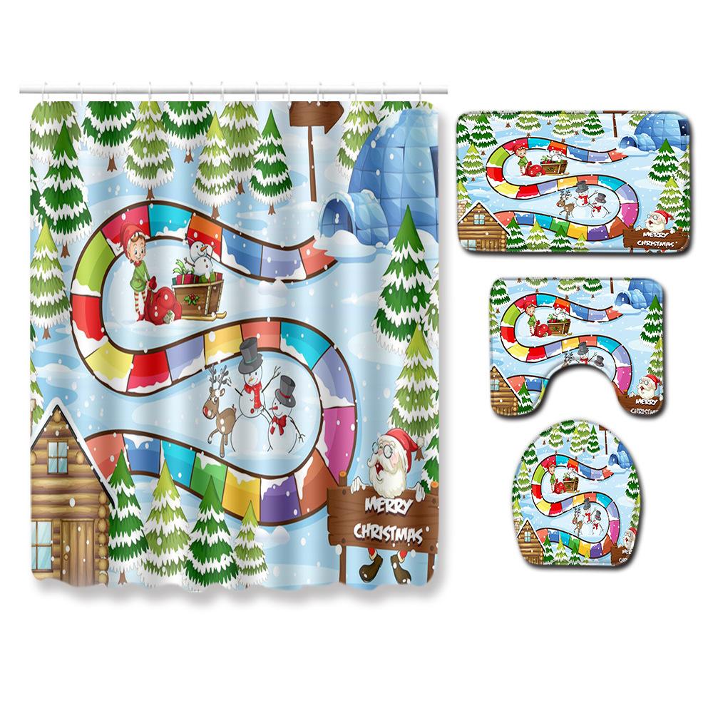 Christmas Shower Curtain Four-Piece Toilet Floor Mat Non-Slip Doormat Water Absorption And Dust-Proof Carpet
