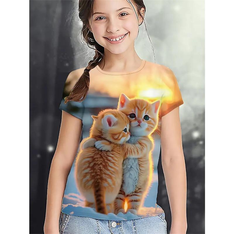 

Милая футболка с принтом кота 3D, футболки для девочек 2025 года, модные футболки с изображением животных из мультфильмов для девочек, повседневная детская одежда, топ, футболка, лето 100