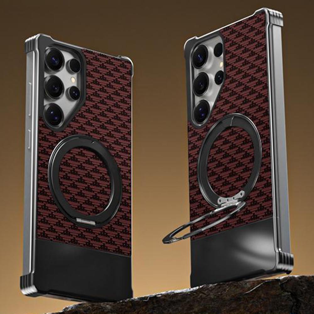 For Samsung Galaxy S25 Ultra Magnetic Case Borderless Textured PU+Metal Kickstand Phone Cover