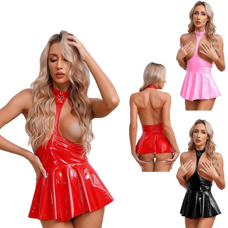 Dámská lakovaná kožená ohlávka s výstřihem Sexy společenské mini šaty bez zad