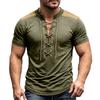 Men's Retro V-Neck Short Sleeve Shirt with Tie Front Casual Tee