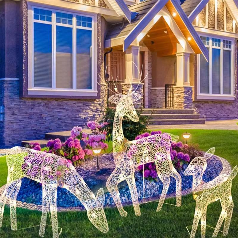 3Pcs Iron Art Elk Deer Christmas Garden Decoration With LED Light Glowing Glitter Reindeer Xmas Home Outdoor Yard Ornament