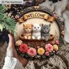 2D Flat Aluminum Welcome Sign Round Metal Sign with Cute, Rustic Farmhouse Spring Summer Porch Wall Hanging for Cat Lovers, Pre-Drilled Holes for