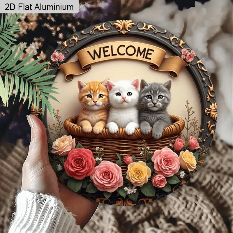 2D Flat Aluminum Welcome Sign Round Metal Sign with Cute, Rustic Farmhouse Spring Summer Porch Wall Hanging for Cat Lovers, Pre-Drilled Holes for