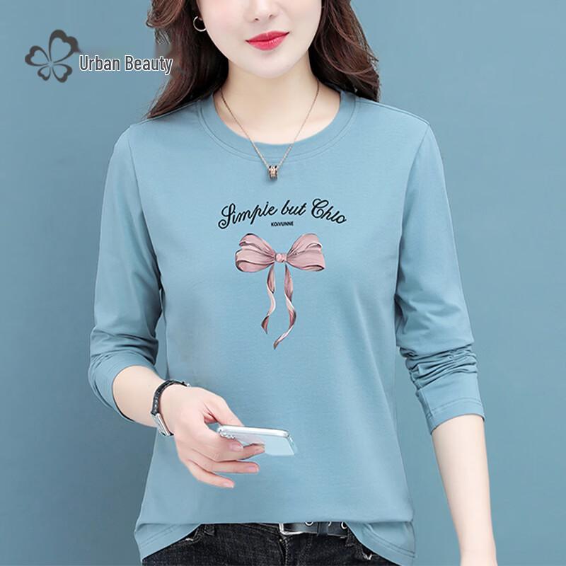 Women's Casual Bow-Print Long-Sleeve Crew Neck Cotton Blend T-Shirt