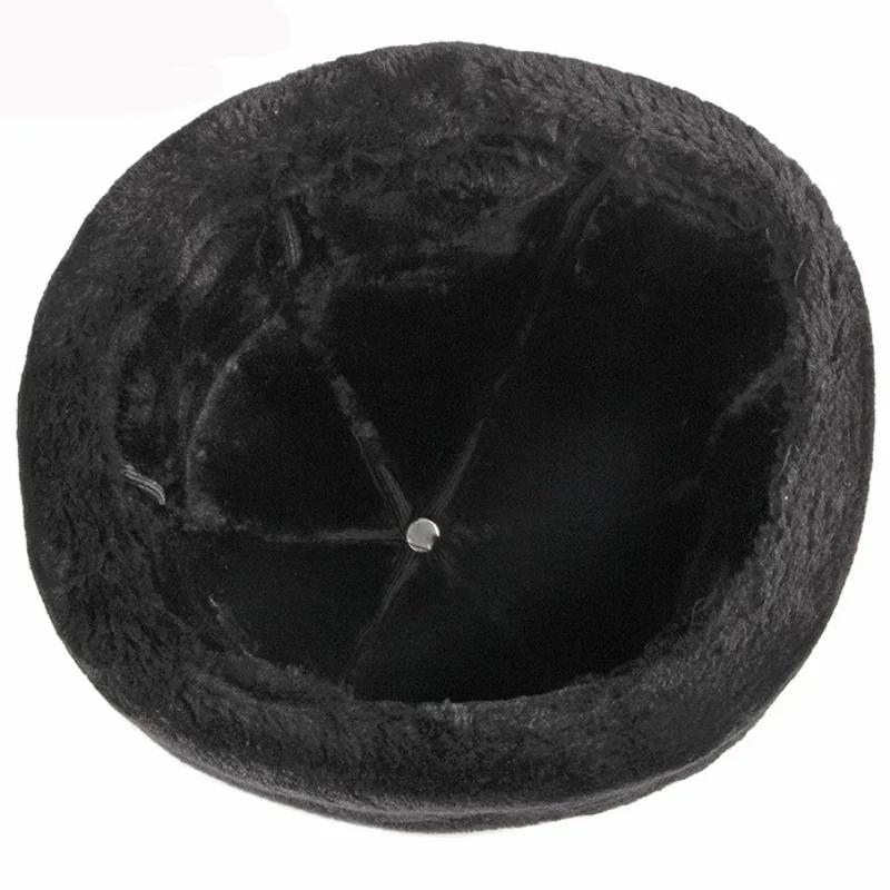 Winter PU Leather Warm Plush Hat Thickened Fur Splicing Leather Hat Retro Waterproof Old Man Hat Plush Warm Snow Windproof Hat