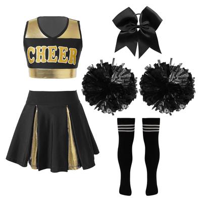 Girls Cheer Leader Halloween Performance Uniform Costume High School Sleeveless Crop Top with Pleated Skirts Cheerleading Outfit