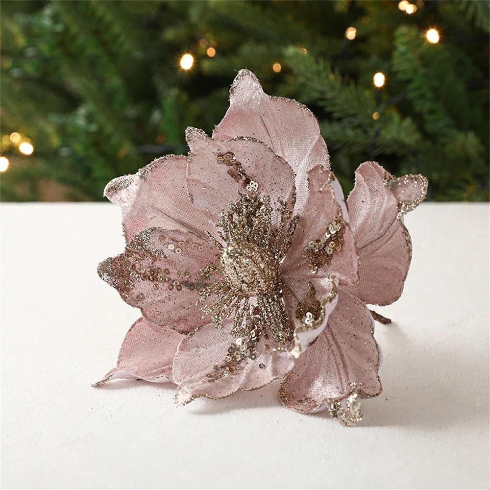 Polyester Fiber Hang Flower On Christmas Tree Sparkling Glitter Artificial Flower Ornament Decor Vibrant Mas Flowers For Gift