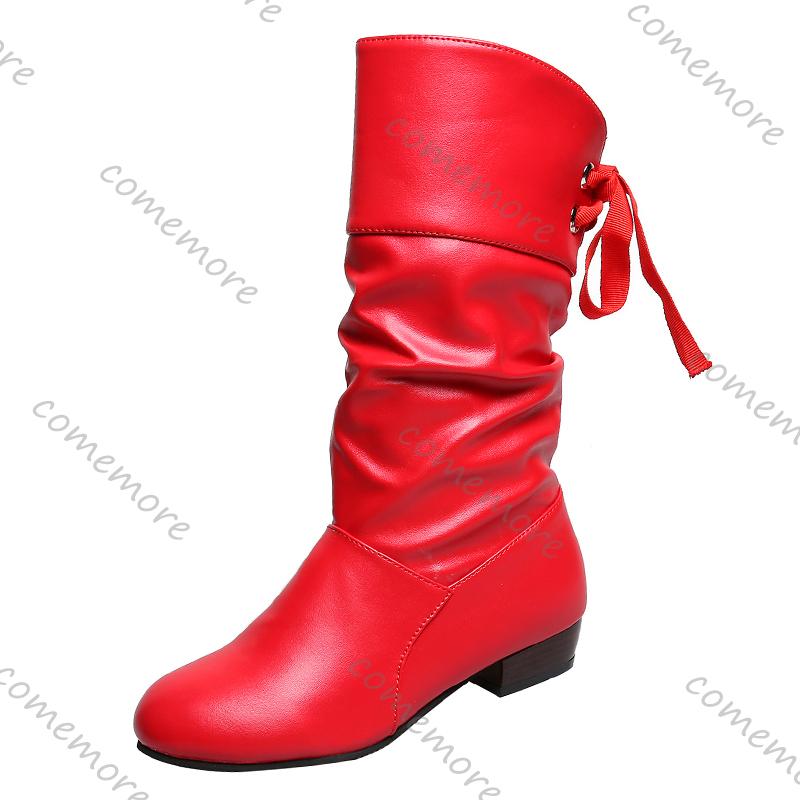 Fashion Comemore Plus Size 35-43 Women Middle Calf Boots Back Lace Up Low Heels Autumn Shoes Black Botines White Short Botas Female