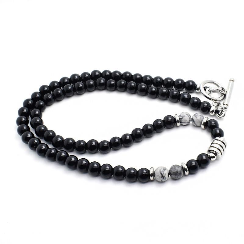 

Noter Stainless Steel Men Necklace 6mm Natural Onyx Obsidian Tiger Eyes Stone Choker Collar Hiphop Rock Jewelry Accessories