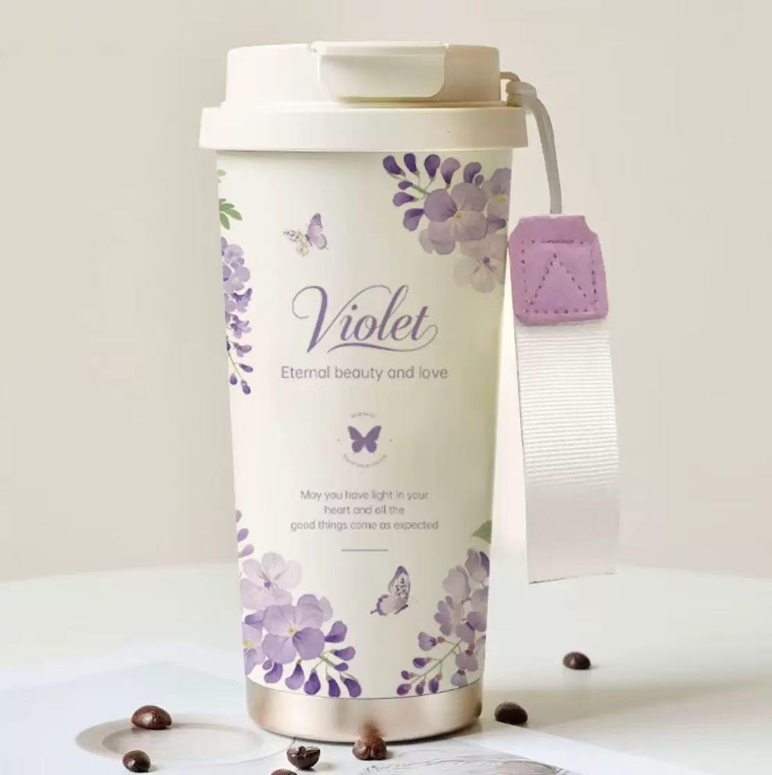 Lily of the Valley 316 Stainless Steel Insulated Coffee Cup with Double-Layer Straw 500ml