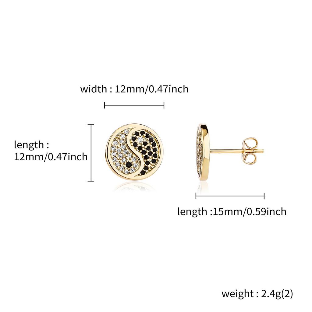 Chinese Style Bagua Black & White Diamond Stud Earrings for Men - Copper Zircon, Trendy European & American Design