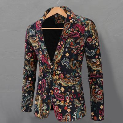 Autumn Men Blazer Fashion Print Turndown Collar Long Sleeve One Button Loose Suit