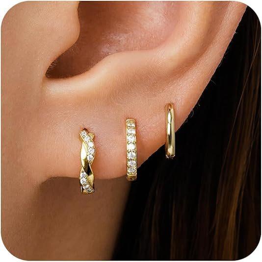 Set di piccoli orecchini a cerchio Huggie in Argento Sterling per Donna, Cerchi Ipoallergenici Placcati Oro 14K per Piercing Multipli