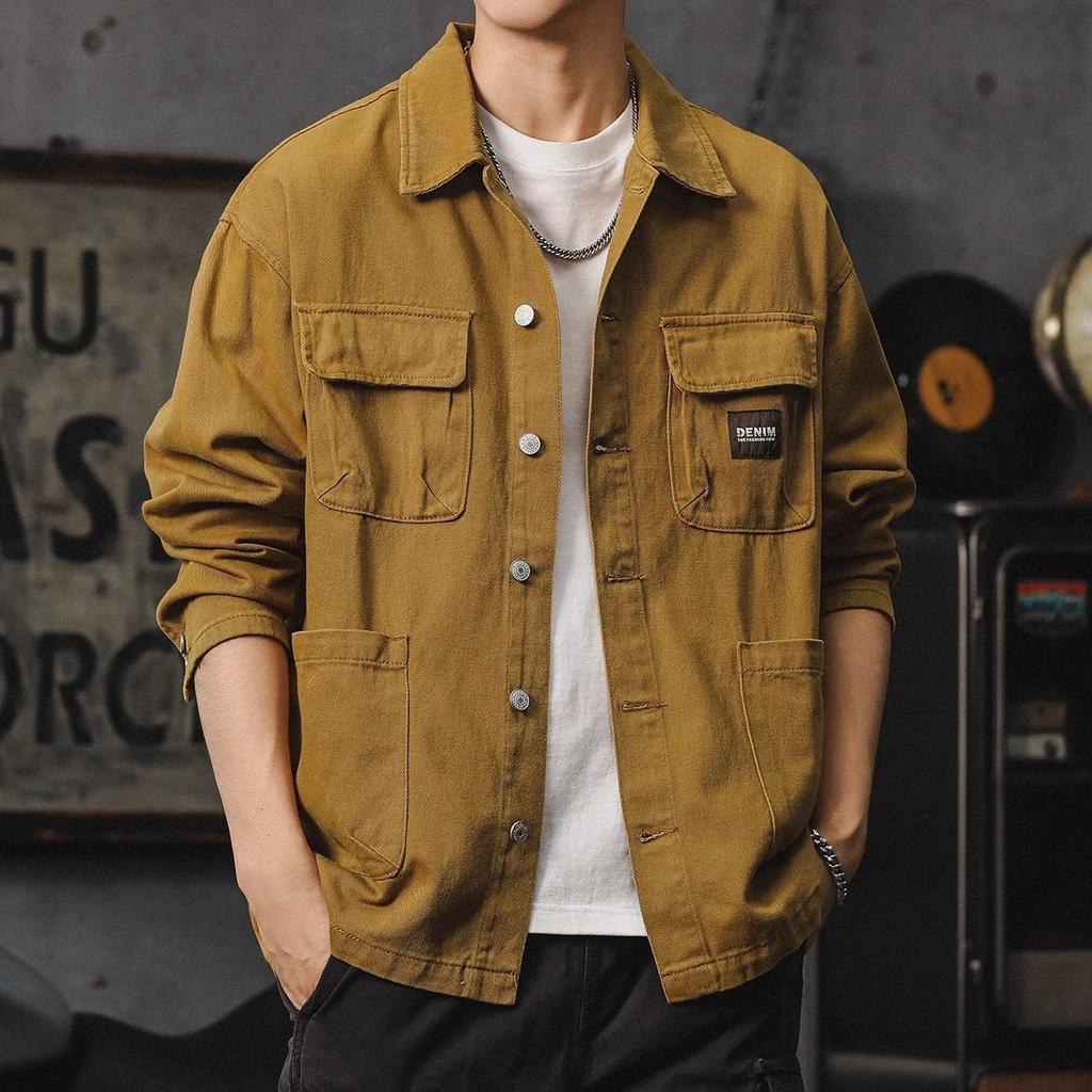 Men's Cargo Shirt Autumn Korean Casual Long-sleeved Shirt Classic Retro Men Clothing Outdoor Sports Durable Top
