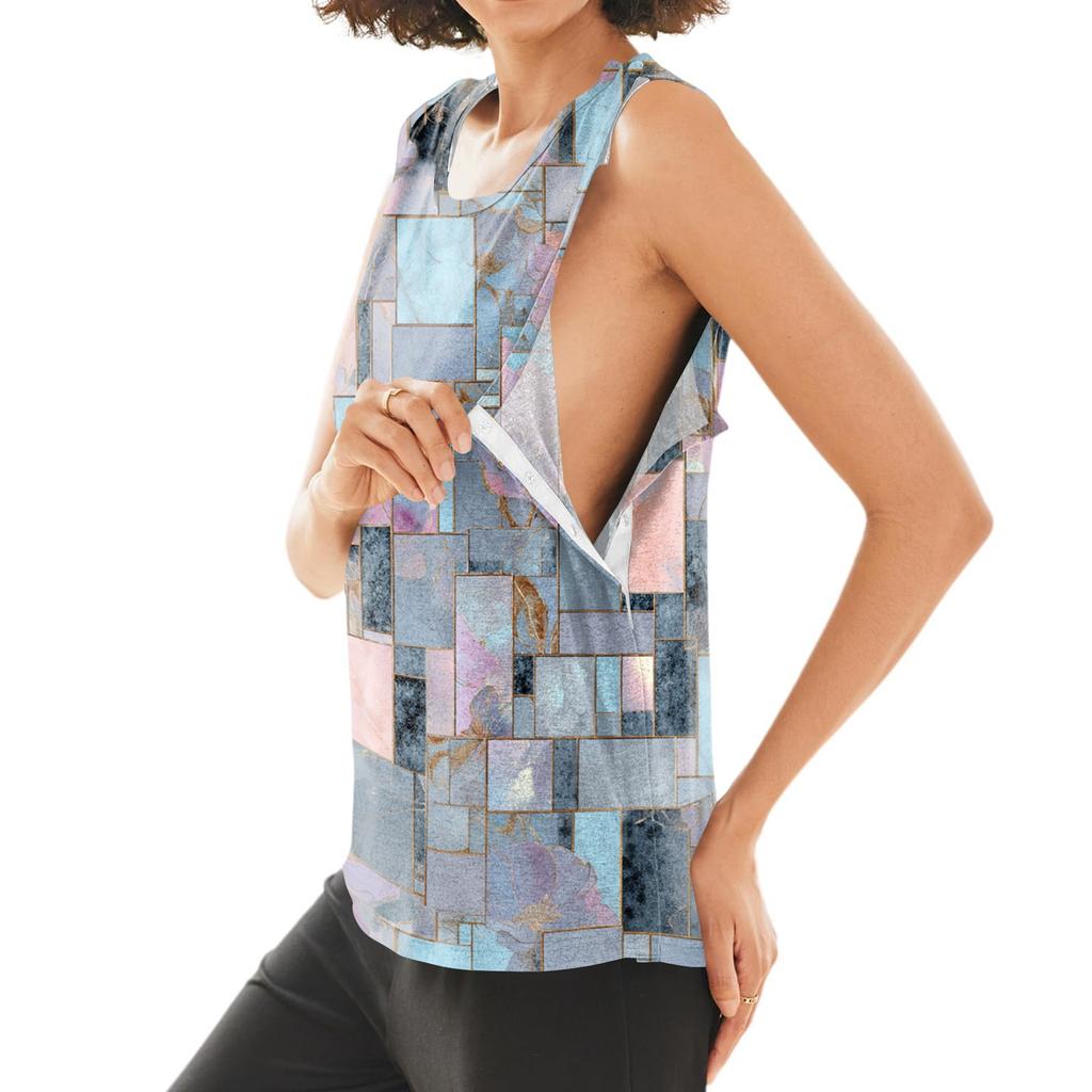 Women Shoulder Surgery Shirt Sleeveless Floral Print Top with Snap Buttons and Adjustable Cuff Design Postoperative Recovery Garment