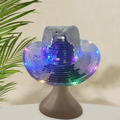 Disco Ball Cowboy Hat Lighted Sparkly Cap for Party Music Festivals