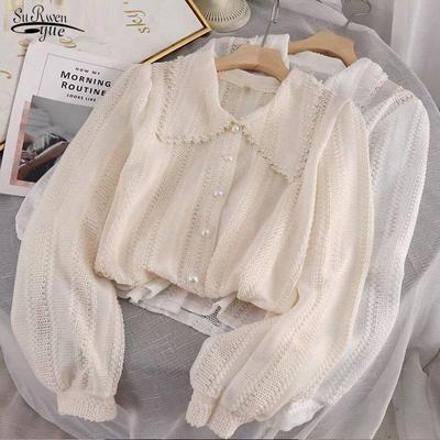 Elegant Lace Blouses Women Hollow Out Peter Pan Collar Tops Fashion Office Ladies Long Sleeve Women Shirt