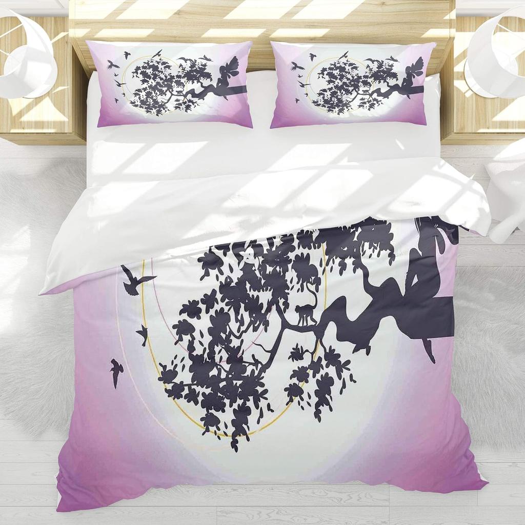 Anime Fantasy Fairy Duvet Cover Set 3-Piece Bedding Set with 2 Pillow Shams Cartoon Silhouette Decor Single Twin Size