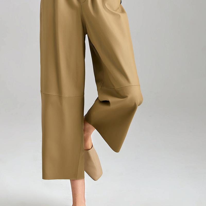 

Брюки-шаровары из натуральной кожи, женские уличные брюки с высокой эластичной резинкой на талии, капри из 100% овчины, кожаные брюки, уличная одежда M бежевый