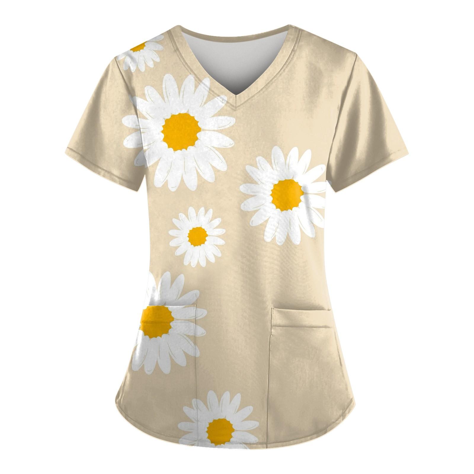 

Women s Fashion V-neck Short Sleeve Workwear With Pockets Printed Tops Summer Tops For Women L бежевый