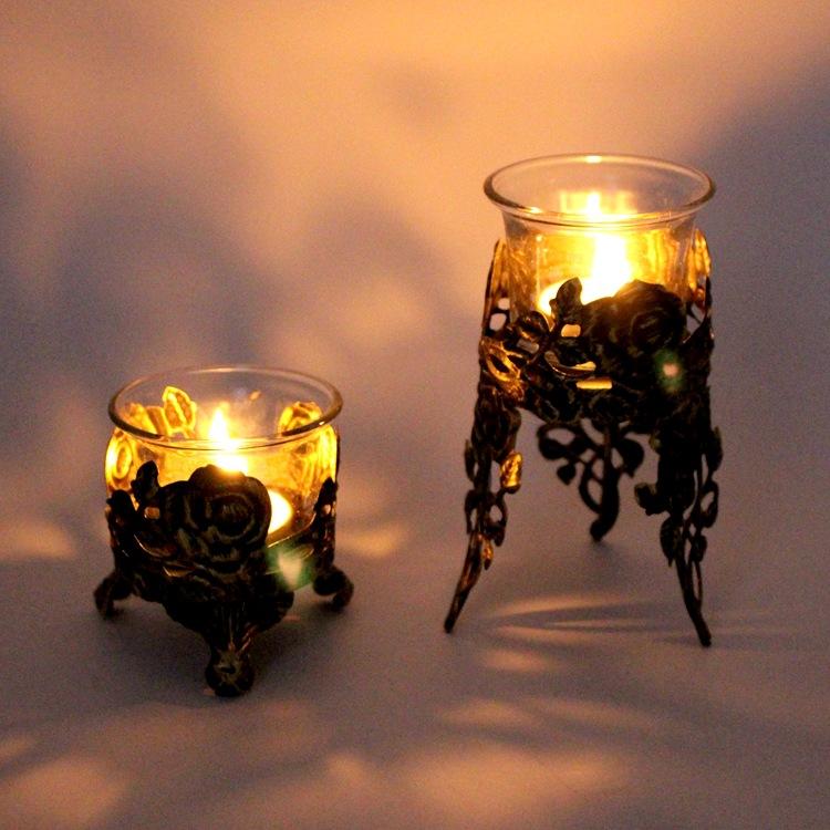 Dinner Atmosphere Decoration Iron Tealight Candle Cup Vintage Glass Old Carved Hollow Candlestick