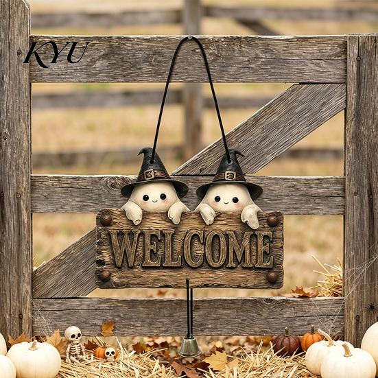 Spooky Home Entrance Decor Halloween Wooden Welcome Hanging Sign, Vintage Farmhouse Door Hanger with Skeleton Pumpkin Style Festive Ghost, Decorative