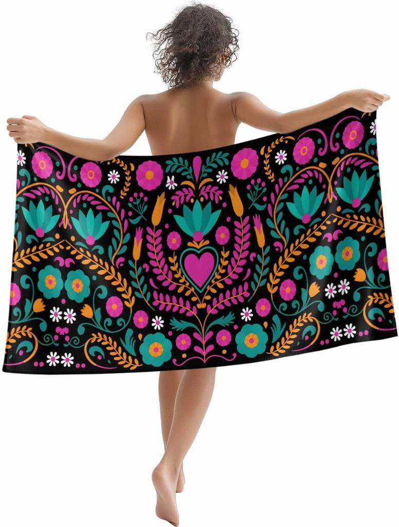 Beach Towel Colorful Mexico Bath Pool Towels Abstract Floral Leaves Absorbent Beach Towel Soft Large Quick Lightweight Camping