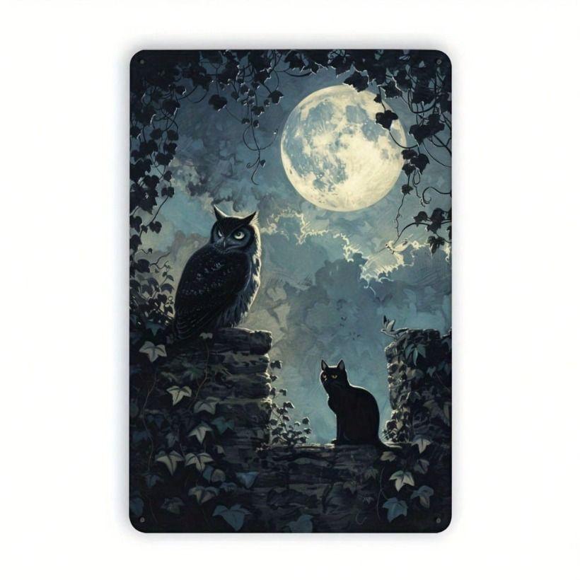 Metal Poster Wall Art Owl and Cat Moonlight Tin Sign Bedroom Decor