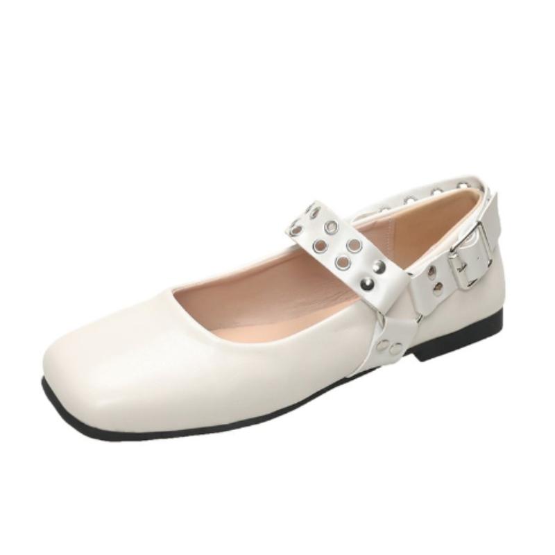 Fashion Studded Buckle Strap Square Toe Mary Jane Shoes for Women 2025 Spring Shallow Cut Flat Ballet Flats  Vintage Casual Shoe