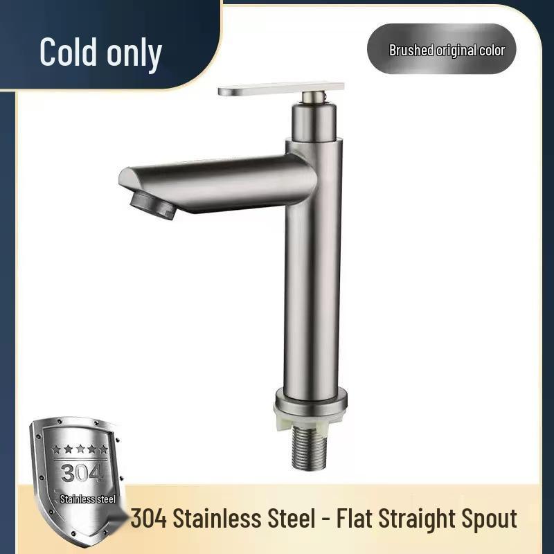 Brushed Stainless Steel Single Cold Water Washbasin Faucet for Flat or Countertop Basin 