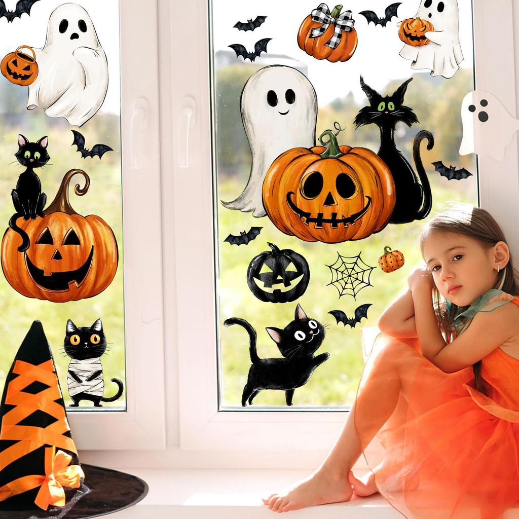 87 PCS Halloween Window Clings Ghost Decals Decor, Vintage Ghost Evil Pumpkin Bat Black Cat Reble Window Stickers for Halloween Party Supplies Home