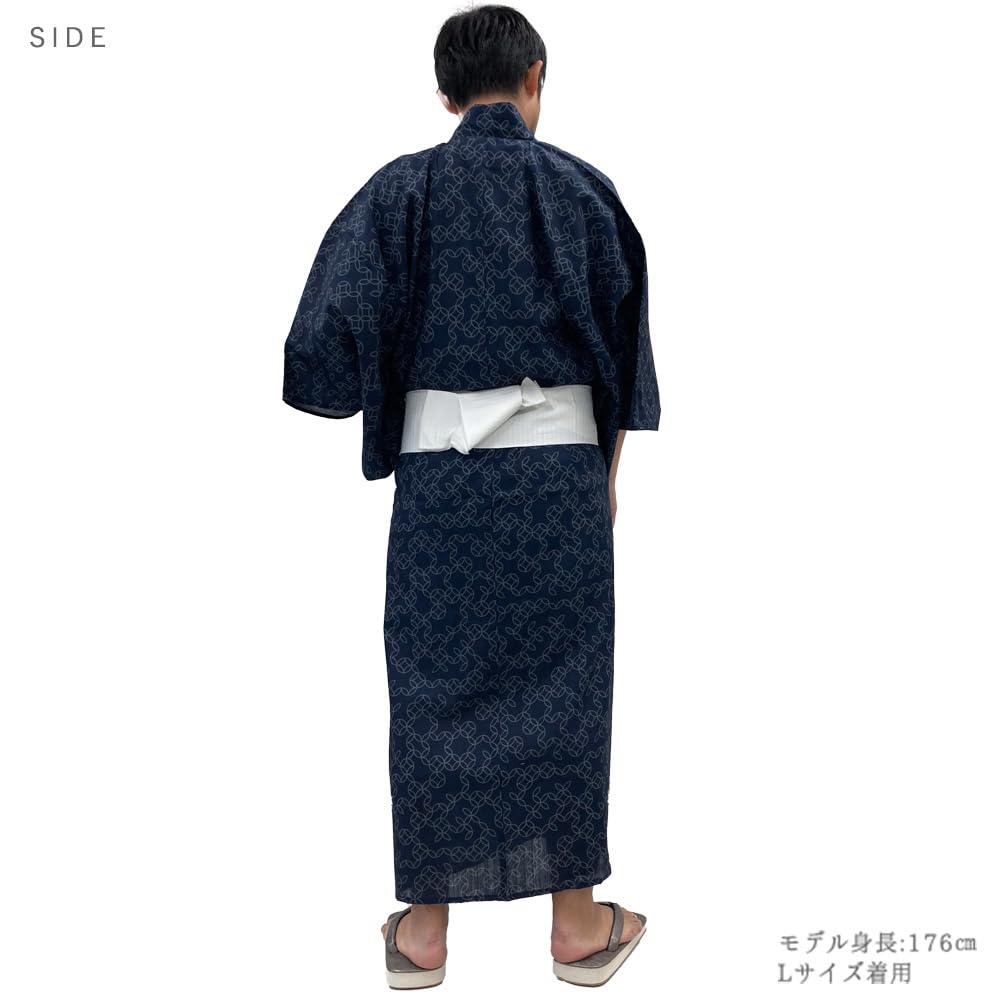 Kyoto Kimono Yuzen Men's Yukata Set (2 Pieces) - Cotton, Square Obi, Men's Kimono, Waterfall Shippo Pattern, Black (Black, M)