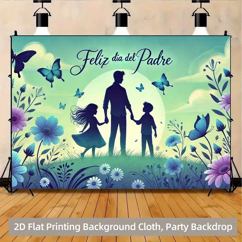 

Warm Father s Day Backdrop, Gentle Green and Blue Scene with Father, Kids, Butterflies and Flowers, Heartfelt and Sentimental Wall Art 47.2x31.5inch/120*80cm
