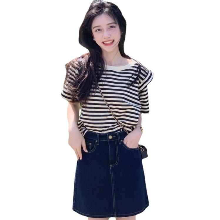 Jin Manqi summer women's clothing Korean version of pure cotton striped fresh wind loose and thin round neck short-sleeved t-shirt women's top, trendy