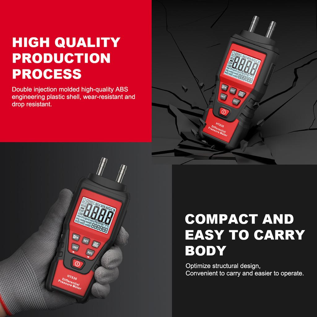 Digital Manometer Handheld HVAC Gas Pressure Tester High Accuracy Dual Port with Storage Bag HT636 Differential