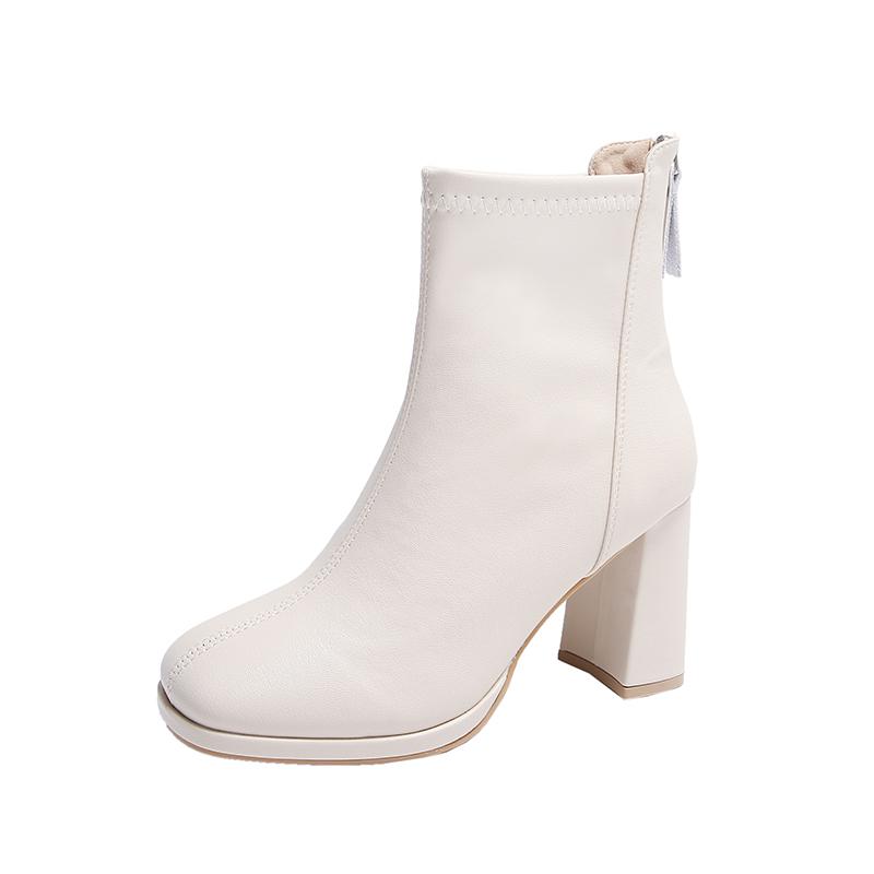 Fashion Chelsi Short Boots Women's Ankle High Heel White Boots 2025 Autumn/Winter Thick Platform Square Toe High Heel Women's Boots Slim