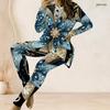 Women Plus Size Round Neck Long Sleeve Printed Longline Top Fitted Pants Two Piece Set Blue White