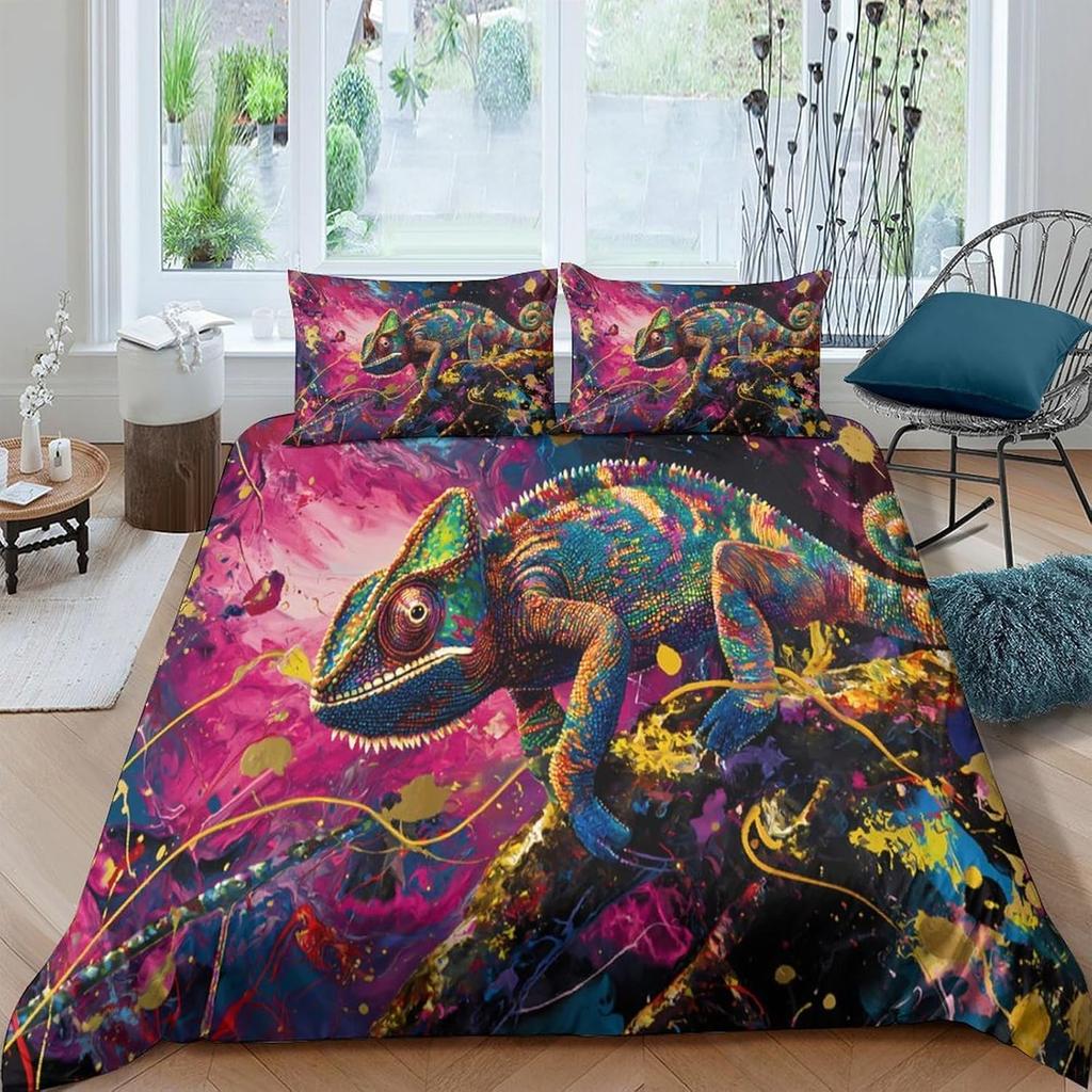 Colorful Chameleon Bedding Set Room Decor Zipper Closure, Soft Breathable Hotel Quality For Youth,Teens,Adults Quilt Cover Set