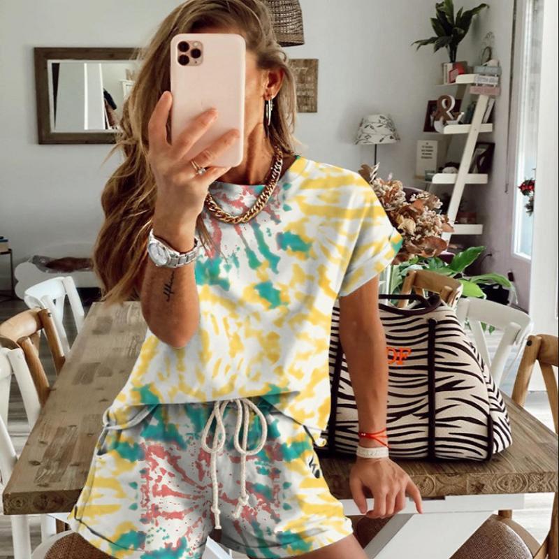 

Мода Женщины Лето Камуфляж Принт Окрашивание O-образный вырез Короткие рукава Выше колена Кружева Вверх Шорты Домашний костюм