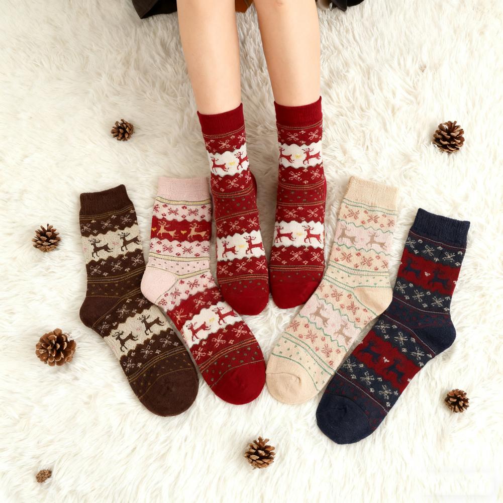 5 Pairs Women Winter Warm Socks Retro Fashion Middle Tube Deer Print Thick Rabbit Sheep Wool Socks Christmas Elk New Year's Sock