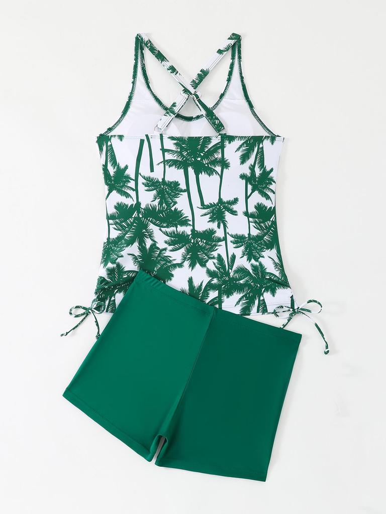 2026 Women's Coconut Tree Print Tankini Set with High-Waisted Briefs
