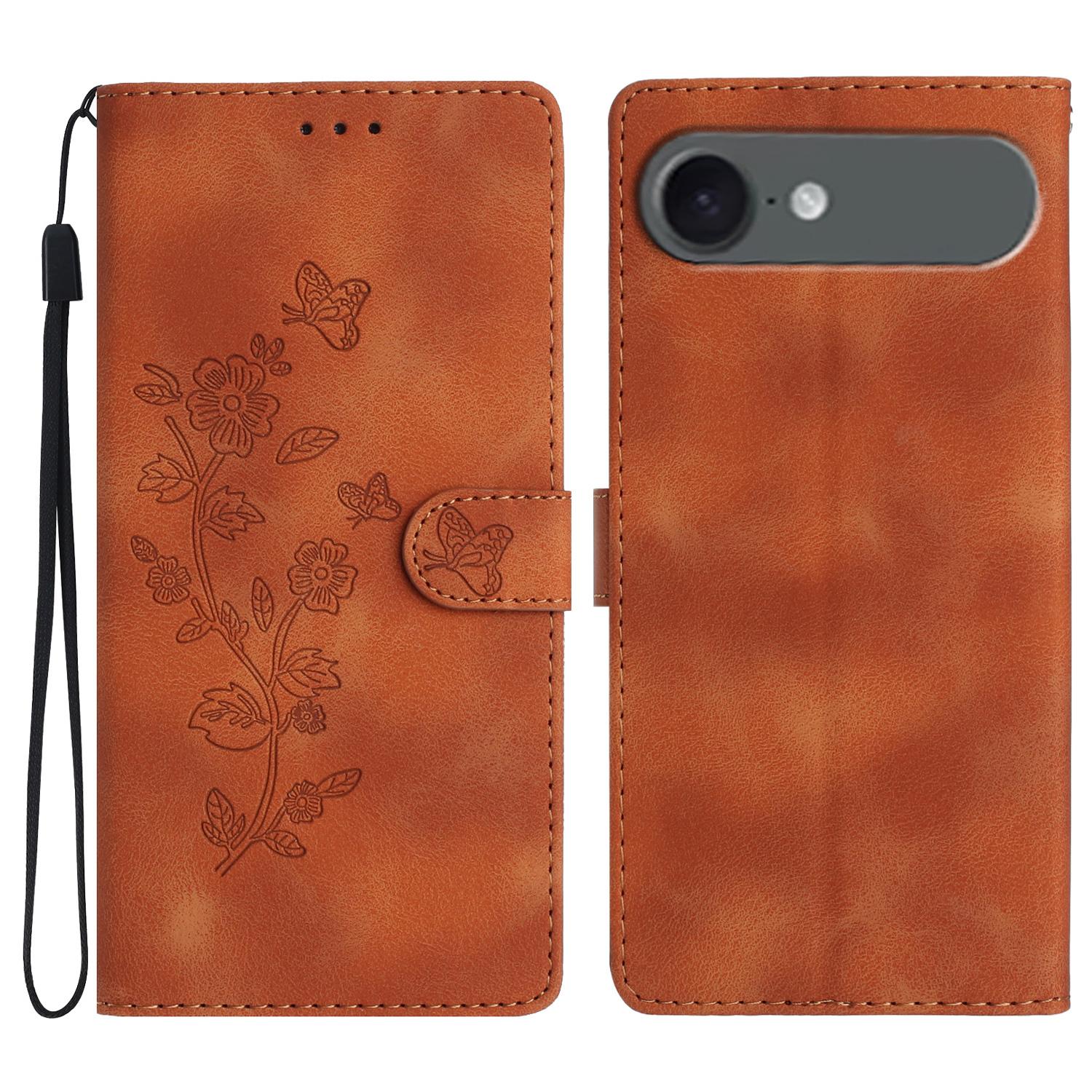 

For iPhone 17 Air Case Leather Imprinted Flower Phone Cover Wallet with Wrist Strap Brown