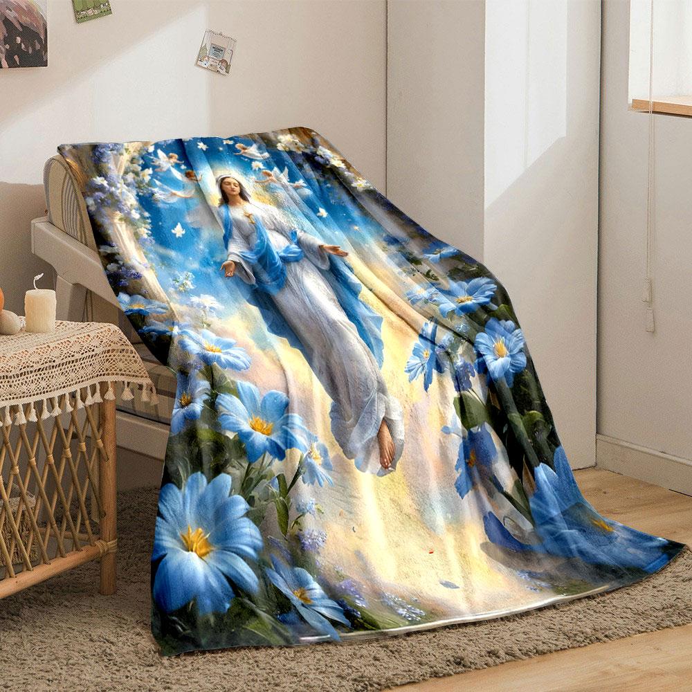 Virgin Mary Angels Flowers Blanket Printed Blanket for Living Room Bed Couch Lunch Break Soft Cozy Blanket for Friend's Festival Gift