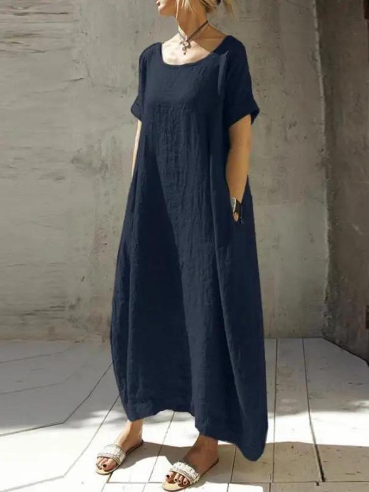 Women s Cotton Linen Dress Loose Fit Round Neck Slit Belted Design Round Neck Short Sleeved Loose Dress S