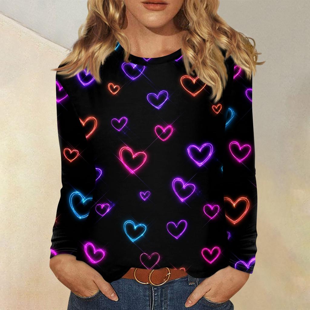 Damen Valentinstag Modisches Herzmuster Rundhals Langarm Pullover Top
