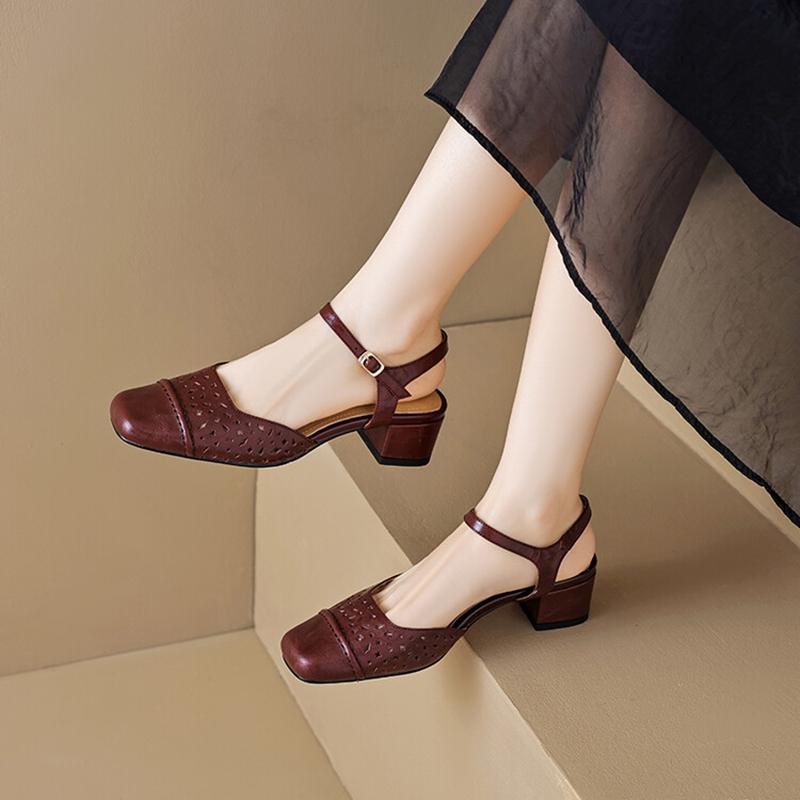 Móda NOVÉ Letní Dámské Sandály Semišové Boty pro Ženy Čtvercová Špička Robustní Podpatek Boty Elegantní Krytá Špička Nazouvací Duté Sandály